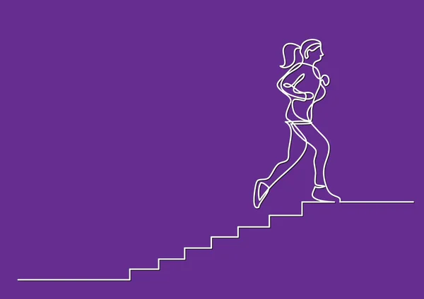 Одна Лінія Малюнок Жінки Біжить Сходах — стоковий вектор