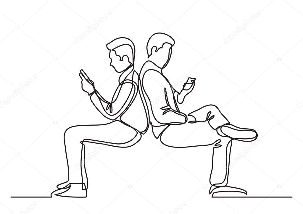 young men browsing cell phones - single line drawing
