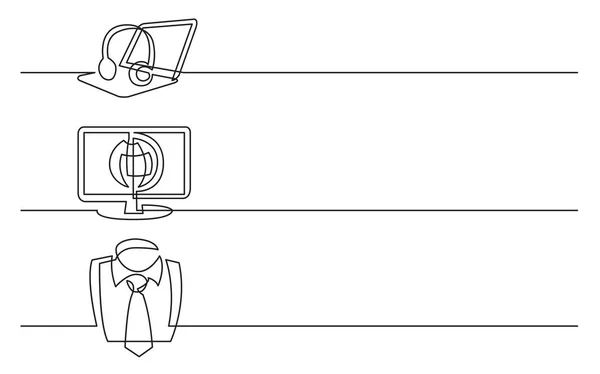 横幅设计 业务图标的连续线条绘制 耳机与笔记本电脑 显示与世界地图 业务领带 — 图库矢量图片