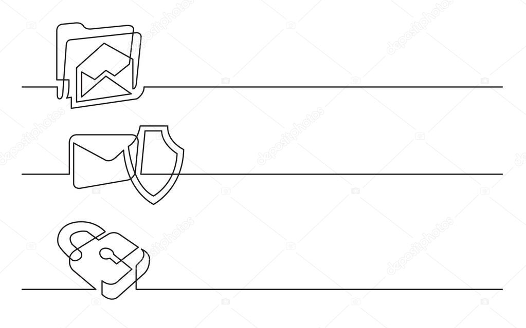 banner design - continuous line drawing of business icons: mail folder; protection shield; security lock