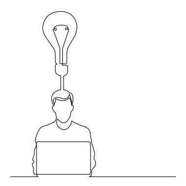 Yeni bir fikir oluşturma dizüstü bilgisayar ile oturan adamın sürekli çizgi çizme