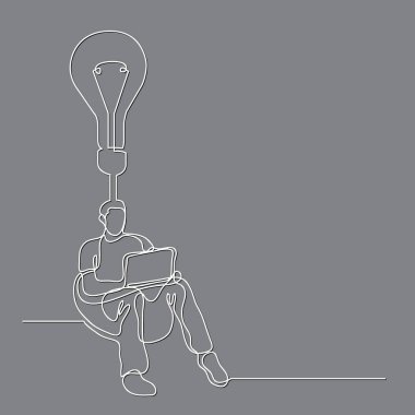 Yeni bir fikir oluşturma dizüstü bilgisayar ile oturan adamın sürekli çizgi çizme