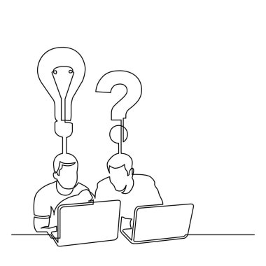 bir soru hakkında konuşurken dizüstü bilgisayarlar ile oturan iki adamın sürekli çizgi çizme