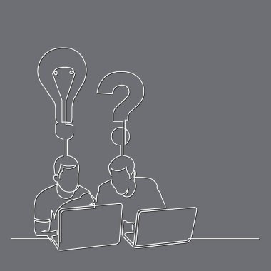 bir soru hakkında konuşurken dizüstü bilgisayarlar ile oturan iki adamın sürekli çizgi çizme