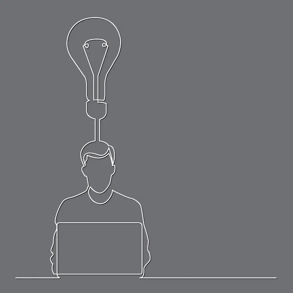 Безперервний Малюнок Людини Сидить Ноутбуком Створюючи Нову Ідею — стоковий вектор