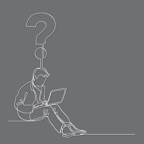 質問をラップトップ コンピューターで座っている男の連続線の描画 — ストックベクタ
