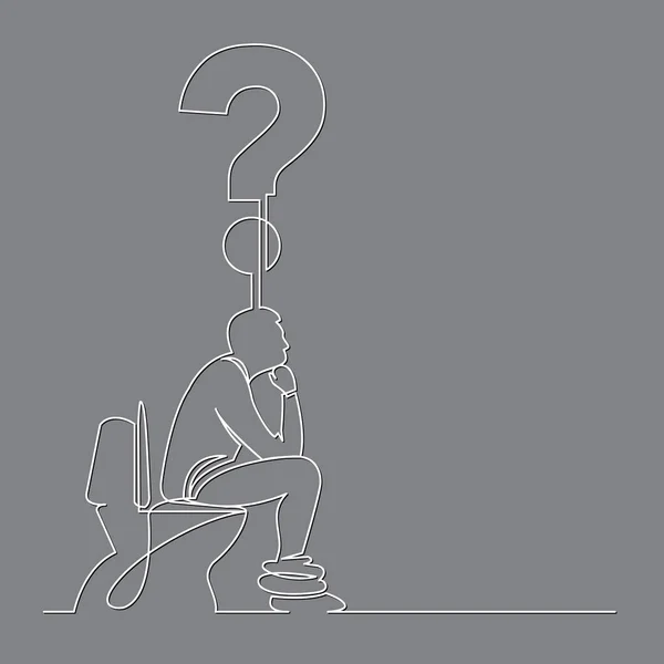 質問を考えてトイレの便座に座っている男の連続線の描画 — ストックベクタ