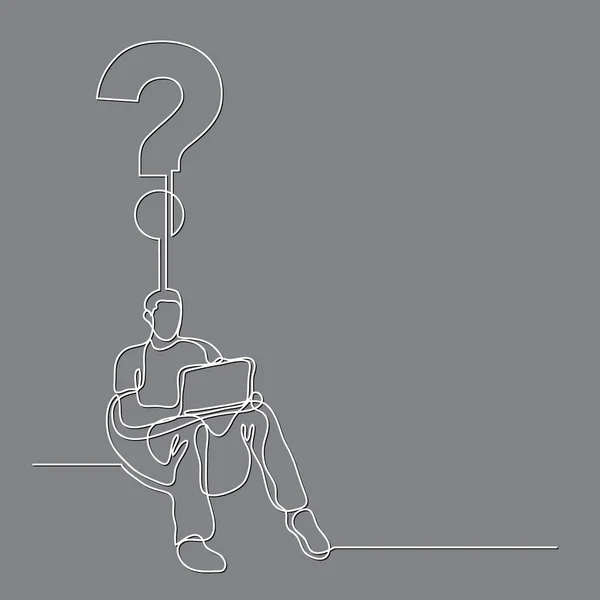 質問を作成するラップトップ コンピューターで座っている人間の連続的な線の描画 — ストックベクタ
