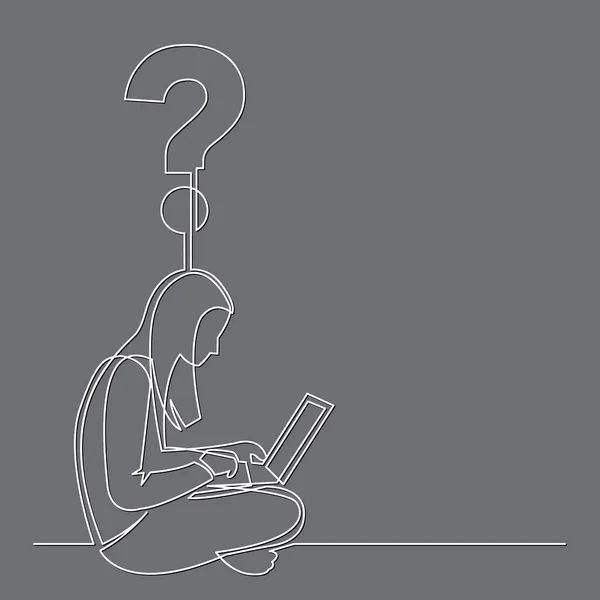 Kontinuální Kresba Ženy Sedící Laptop Počítač Pracuje Otázce — Stockový vektor