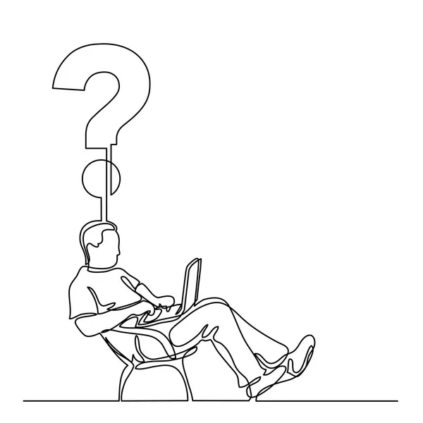 Continuous Line Drawing Man Sitting Working Laptop Computer Question — Stock Vector