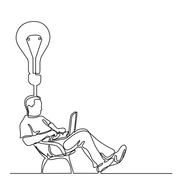 Desenho Linha Contínua Homem Sentado Trabalhando Computador Portátil Ideia — Vetor de Stock
