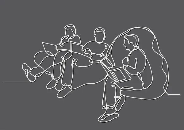 连续的线绘图的程序员与笔记本电脑坐在豆袋 — 图库矢量图片