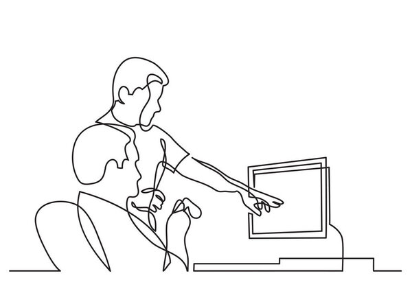 continuous line drawing of two coworkers discussing work on screen