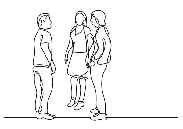 三个工友的连续的线图画站立和谈话 — 图库矢量图片
