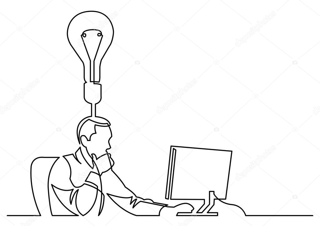 continuous line drawing of businessman working behind computer on idea