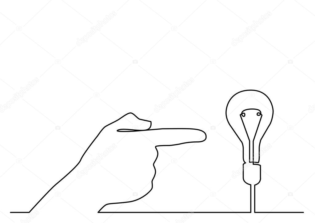 continuous line drawing of hand pointing at light bulb or idea metaphor