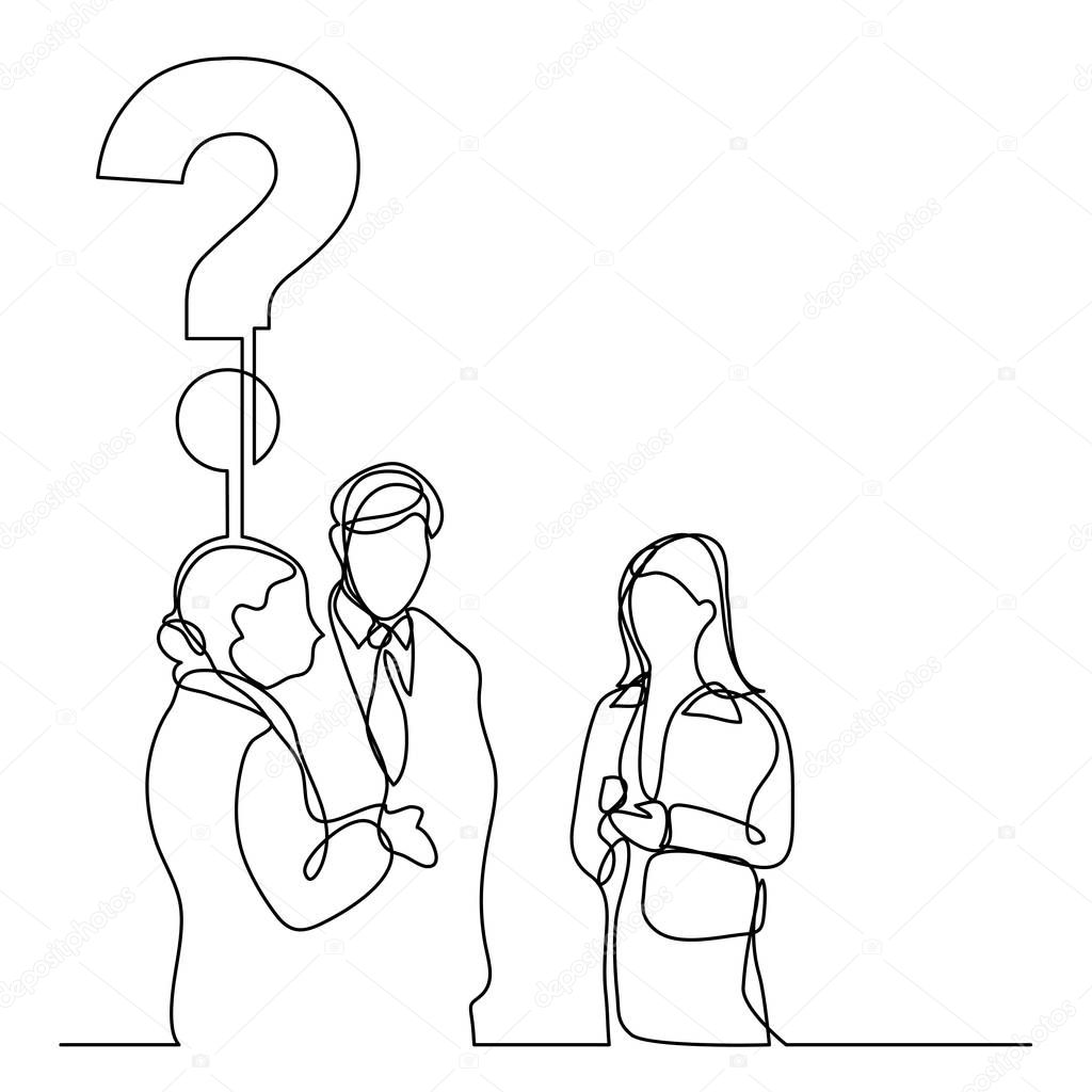 continuous line drawing of business people talking about a question
