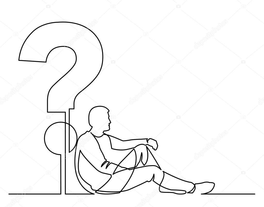 continuous line drawing of sitting man with some question