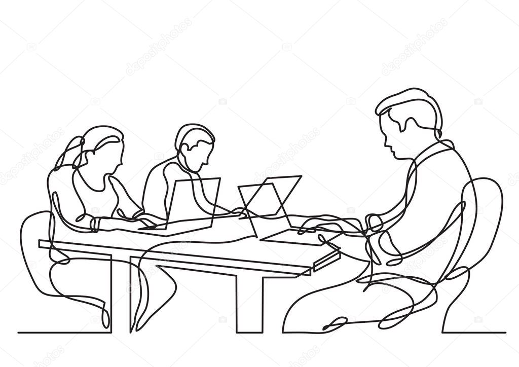 continuous line drawing of three coworkers working on laptops