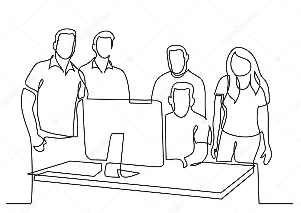 continuous line drawing of team standing in office