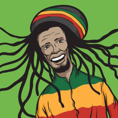 Vektör çizim reggae adam gülümsüyor. Kolay-kalite kaybı olmadan herhangi bir boyutta ölçeklendirilebilir katmanlı vektör Eps10 dosyasını düzenlemek. Yüksek çözünürlüklü raster Jpg dosya bulunur.