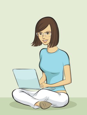 Laptop ile oturan Smiling kızı vektör Illustration. Kolay-kalite kaybı olmadan herhangi bir boyutta ölçeklendirilebilir katmanlı vektör Eps10 dosyasını düzenlemek. Yüksek çözünürlüklü raster Jpg dosya bulunur. 