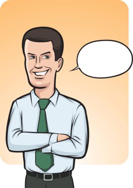 Vektör çizim konuşma balonu ile ayakta gülümseyen iş adamı. Kolay-kalite kaybı olmadan herhangi bir boyutta ölçeklendirilebilir katmanlı vektör Eps10 dosyasını düzenlemek. Yüksek çözünürlüklü raster Jpg dosya bulunur.