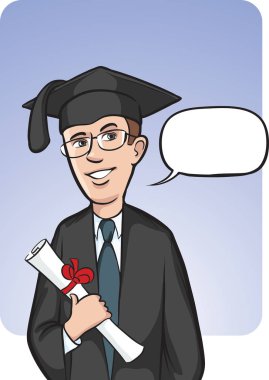 Ayakta gülümseyen mezunu konuşma balonu ile vektör Illustration. Kolay-kalite kaybı olmadan herhangi bir boyutta ölçeklendirilebilir katmanlı vektör Eps10 dosyasını düzenlemek. Yüksek çözünürlüklü raster Jpg dosya bulunur.