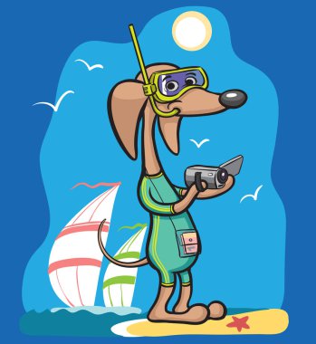 Takım elbise fotoğraf makinesi ile yüzme içinde çizgi film köpek karakteri vektör Illustration. Kolay-kalite kaybı olmadan herhangi bir boyutta ölçeklendirilebilir katmanlı vektör Eps10 dosyasını düzenlemek. Yüksek çözünürlüklü raster Jpg dosya bulunur.