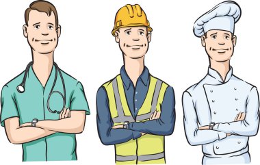 Doktor inşaat işçisi ve Şef silah ile vektör çizim gülümseyen geçti. Kolay-kalite kaybı olmadan herhangi bir boyutta ölçeklendirilebilir katmanlı vektör Eps10 dosyasını düzenlemek. Yüksek çözünürlüklü raster Jpg dosya bulunur.