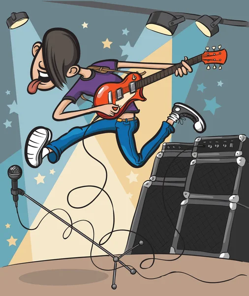 Vektor Illustration Des Cartoon Springenden Gitarristen Auf Der Bühne Einfach — Stockvektor