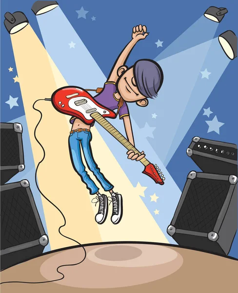 Ilustración Vectorial Del Guitarrista Cartoon Jumping Rock Fácil Editar Capas — Archivo Imágenes Vectoriales