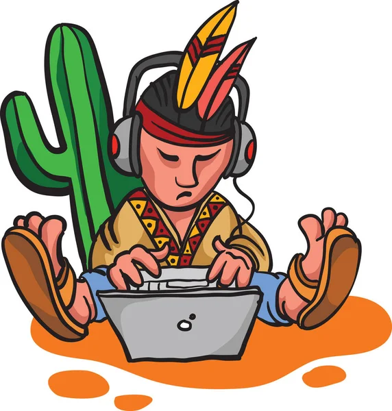 Illustration Vectorielle Personnage Mexicain Dessin Animé Avec Ordinateur Portable — Image vectorielle