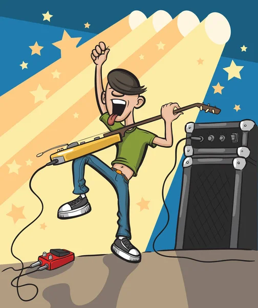 Ilustración Vectorial Del Guitarrista Cartoon Rock Escenario Fácil Editar Capas — Archivo Imágenes Vectoriales