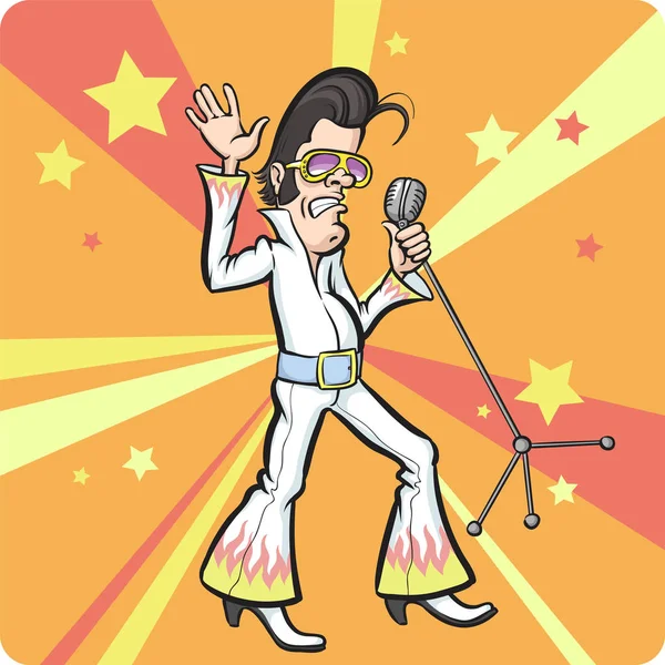 Ilustración Vectorial Dibujos Animados Cantando Estrella Rock Retro Con Micrófono — Vector de stock