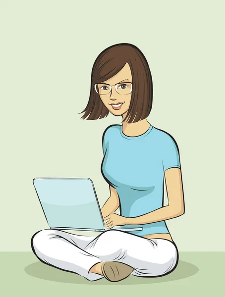 Vector Illustration Smiling Girl Sitting Laptop Easy Edit Layered Vector — Stock Vector