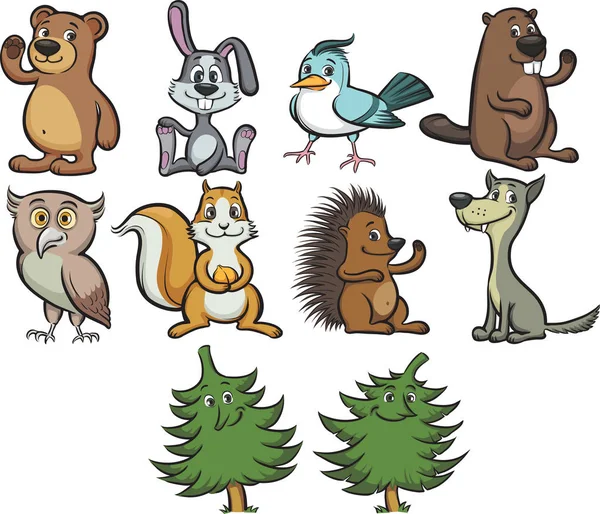 Ilustração Vetorial Animais Bonitos Floresta Dos Desenhos Animados Árvores Fácil — Vetor de Stock