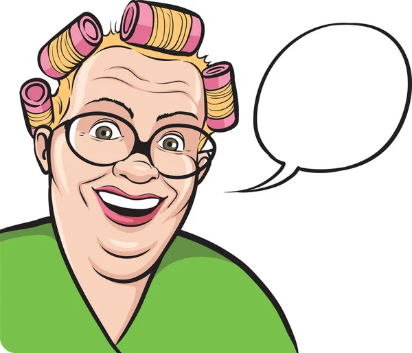 Vector Illustration Cartoon Fat Housewife Hair Curlers Speech Bubble Easy — Stock Vector