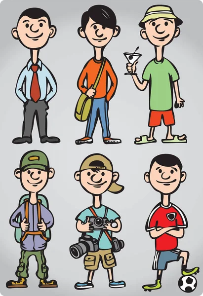 Ilustração Vetorial Figuras Homem Dos Desenhos Animados Várias Atividades Lazer — Vetor de Stock