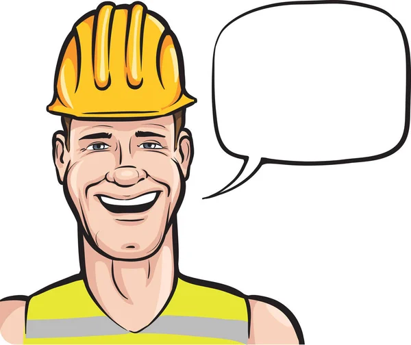 Vektorillustration Eines Karikaturlächelnden Bauarbeiters Mit Sprechblase Einfach Bearbeiten Geschichteten Vektor — Stockvektor