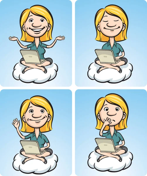 Vektor Illustration Einer Geschäftsfrau Auf Einer Wolke Mit Laptop Einfach — Stockvektor