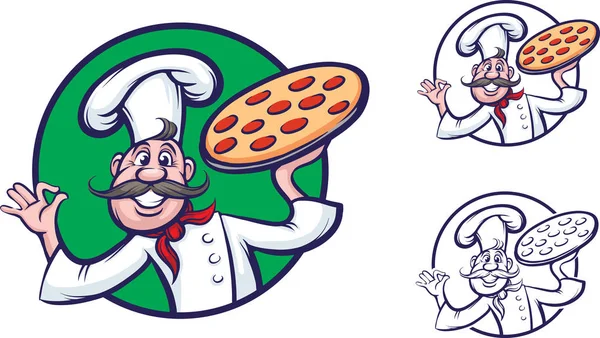 Vektör Çizim Büyük Pizza Ile Komik Şef Kolay Kalite Kaybı — Stok Vektör