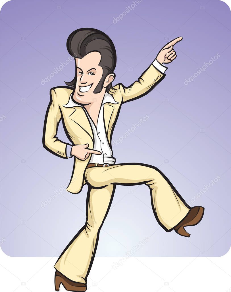 Vector illustration of cartoon disco dancer. Easy-edit layered vector EPS10 file scalable to any size without quality loss. High resolution raster JPG file is included.