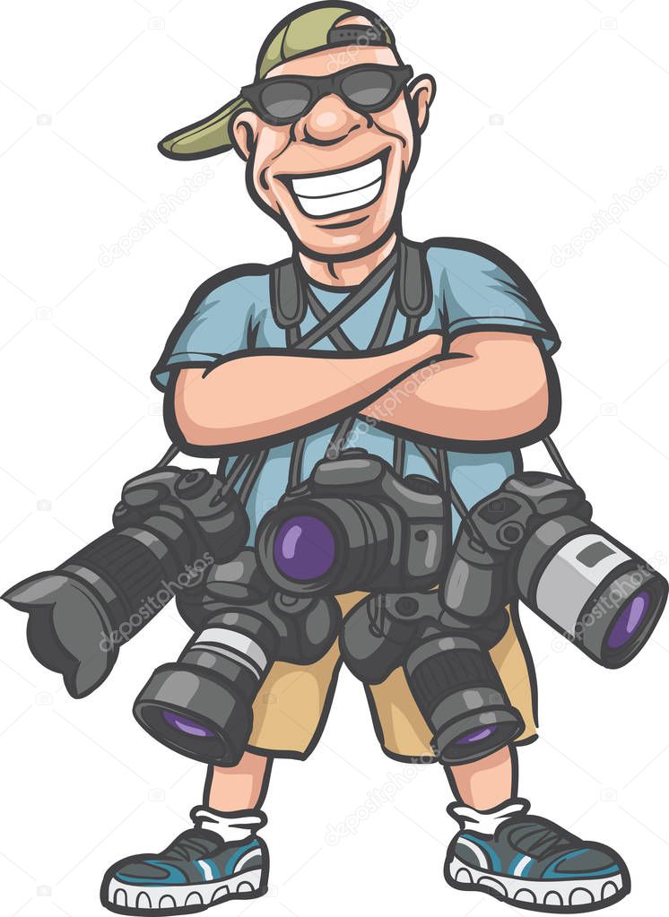Vector illustration of funny cartoon character - happy photographer with lots of cameras. Easy-edit layered vector EPS10 file scalable to any size without quality loss.