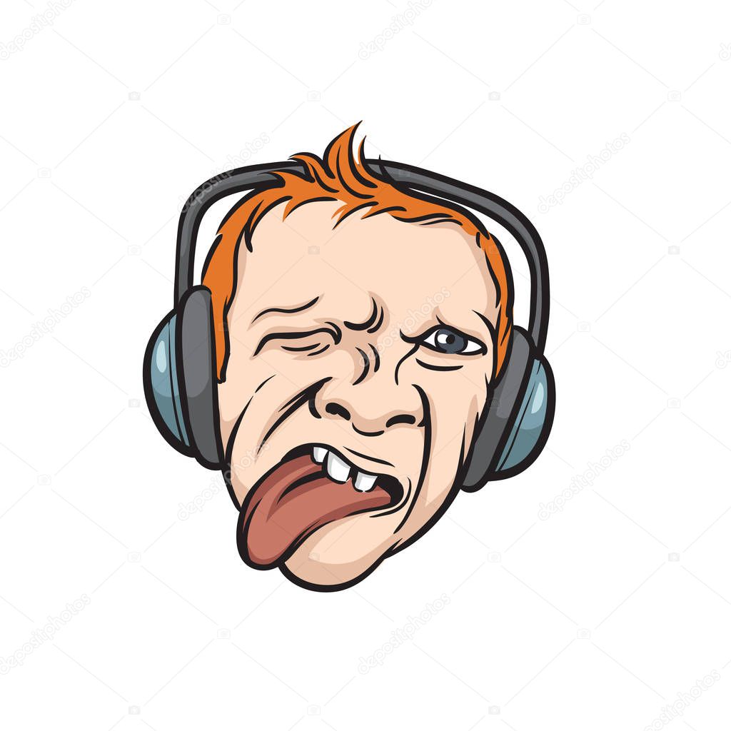 Vector illustration of grimace face tongue out with headphones. Easy-edit layered vector EPS10 file scalable to any size without quality loss. High resolution raster JPG file is included.