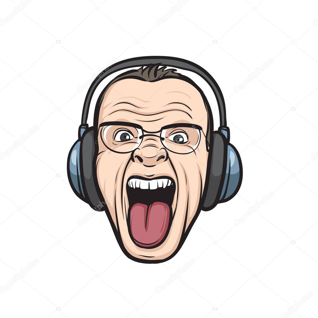 Vector illustration of Mad face sticking tongue with headphones. Easy-edit layered vector EPS10 file scalable to any size without quality loss. High resolution raster JPG file is included.