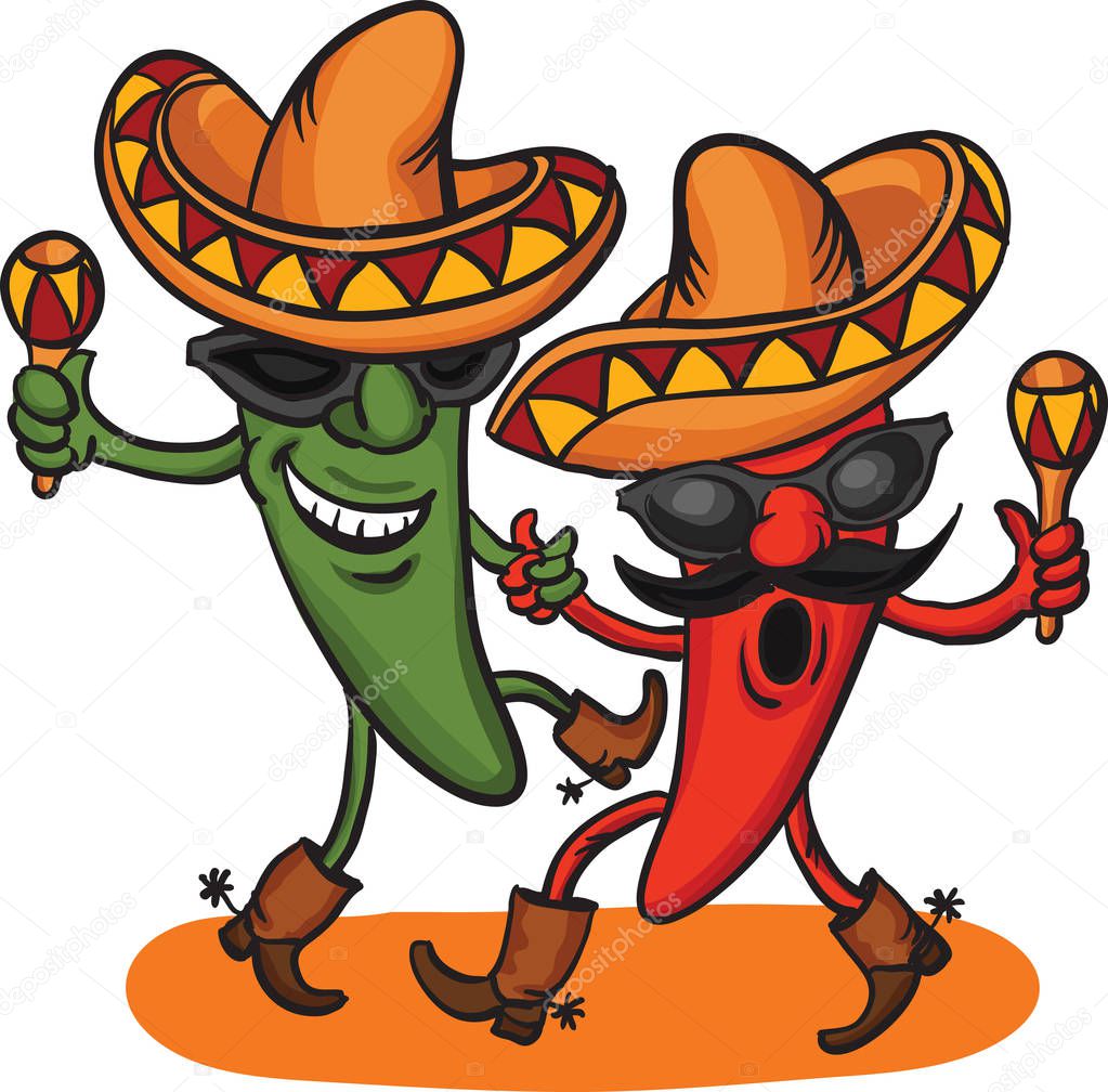 Vector illustration of two dancing cartoon mexican peppers. Easy-edit layered vector EPS10 file scalable to any size without quality loss. High resolution raster JPG file is included. 