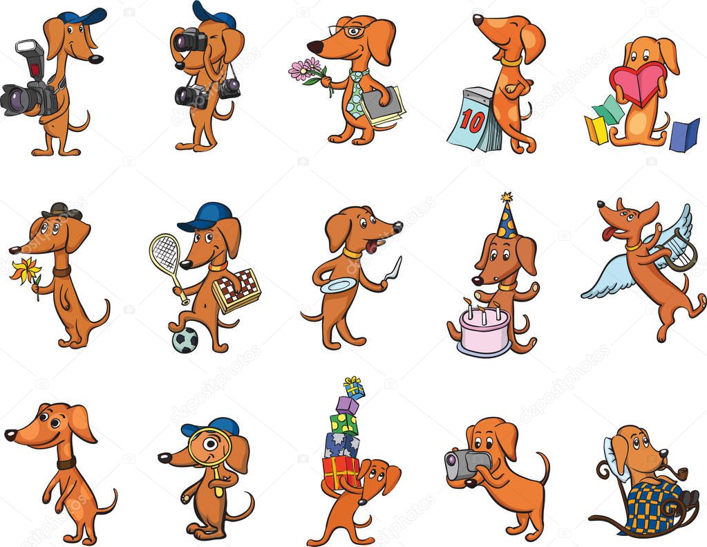 Vector illustration of dachshund dogs characters set. Easy-edit layered vector EPS10 file scalable to any size without quality loss. High resolution raster JPG file is included.