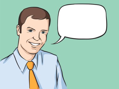 Vektör çizim konuşma balonu ile gülümseyen bir işadamı portresi. Kolay-kalite kaybı olmadan herhangi bir boyutta ölçeklendirilebilir katmanlı vektör Eps10 dosyasını düzenlemek. Yüksek çözünürlüklü raster Jpg dosya bulunur.