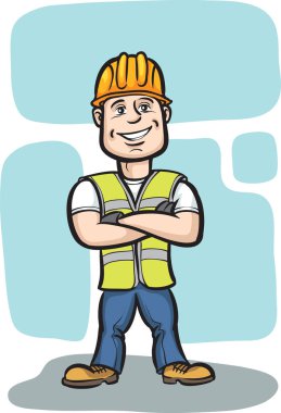 Vektör çizim karikatür inşaat işçisi silah ile gülümseyen, geçti. Kolay-kalite kaybı olmadan herhangi bir boyutta ölçeklendirilebilir katmanlı vektör Eps10 dosyasını düzenlemek. Yüksek çözünürlüklü raster Jpg dosya bulunur. 